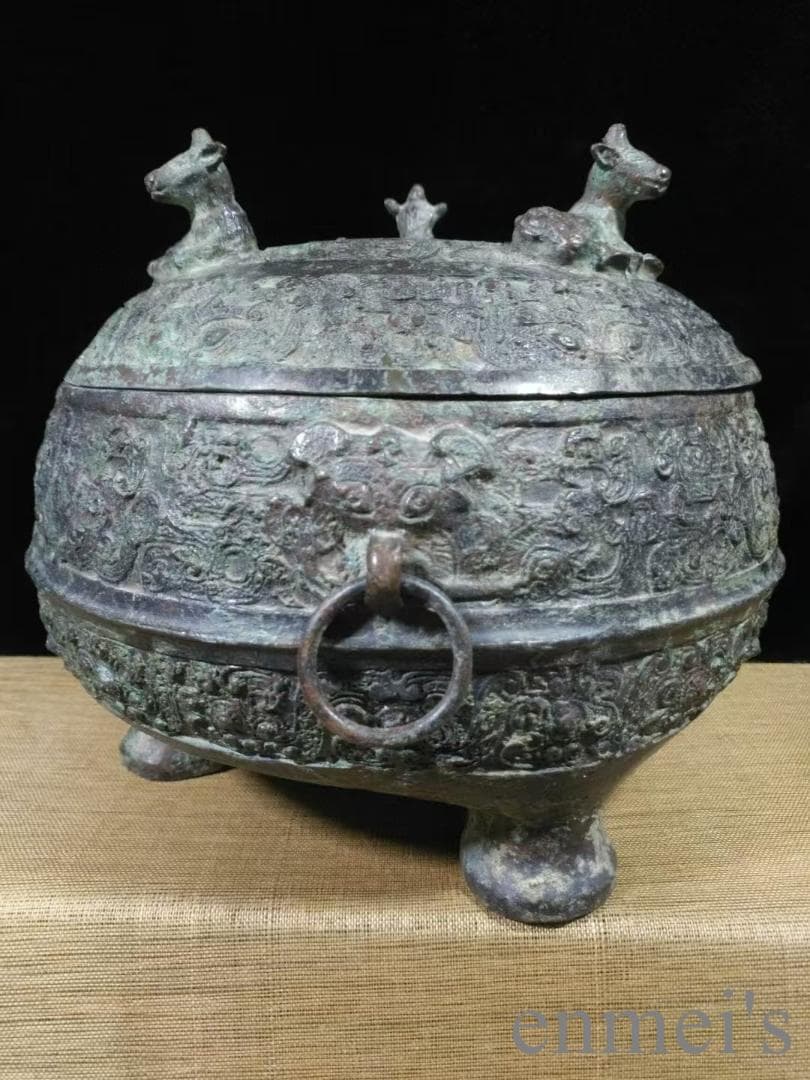 中国古美術 春秋 青銅器 三鹿蟠螭紋 円敦 禮器 食器 耳付造形 古美術 供饌器