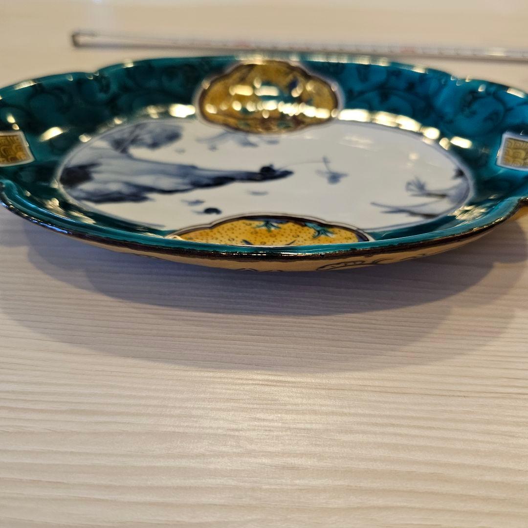 青手古九谷写 図窓絵 山水 7寸 木瓜型 長皿 九谷焼 文吉窯