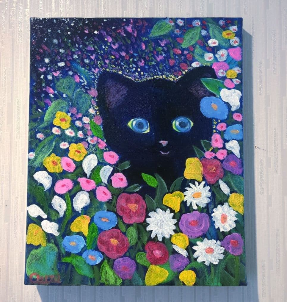 キャンバス油絵　専用   黒猫ガーデン 3　クリムト風フラワーガーデン