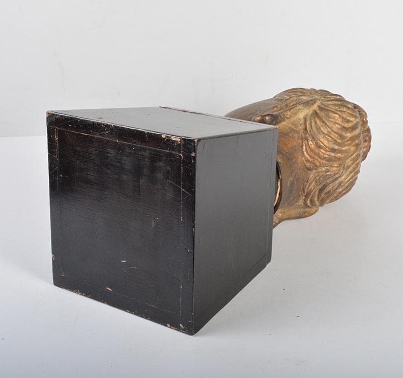 マツ　仏教美術　古銅鍍金　仏頭　仏像　木製台付　D R4397C