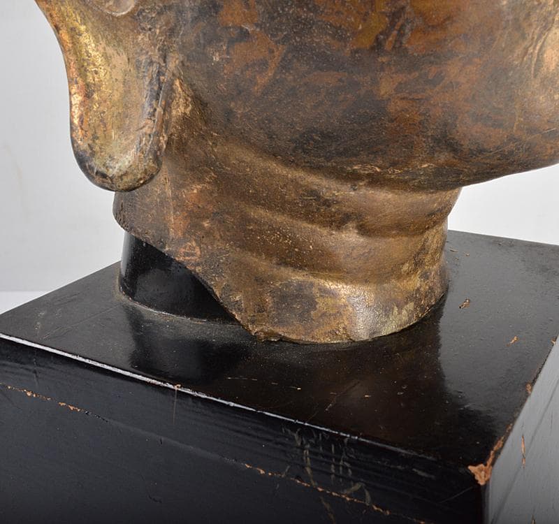 マツ　仏教美術　古銅鍍金　仏頭　仏像　木製台付　D R4397C