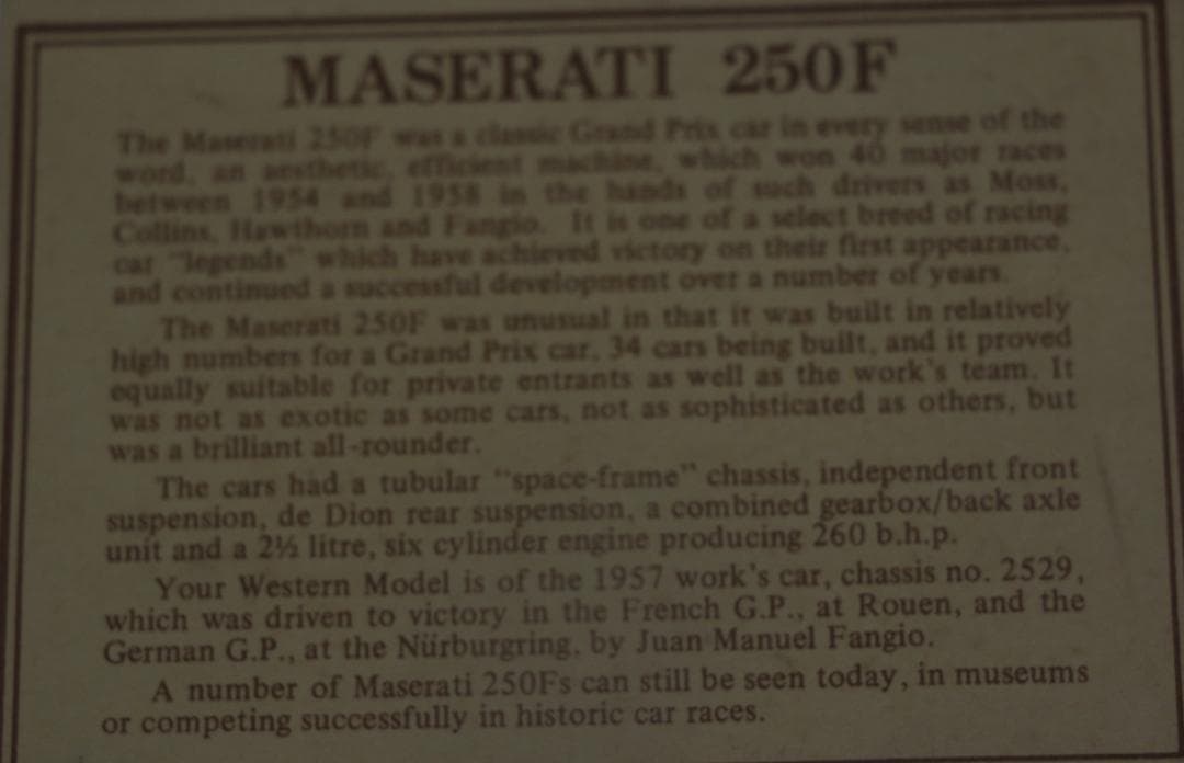 ウェスタンモデル製　マセラッティー２５０Ｆ　1／２４　１９５７独ＧＰ　ファンジオ