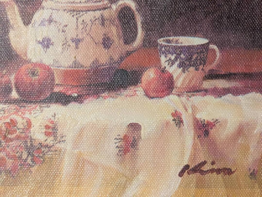 【真作】絵画　油彩　ティーポットと果物　静物画　洋食器と林檎　Y198