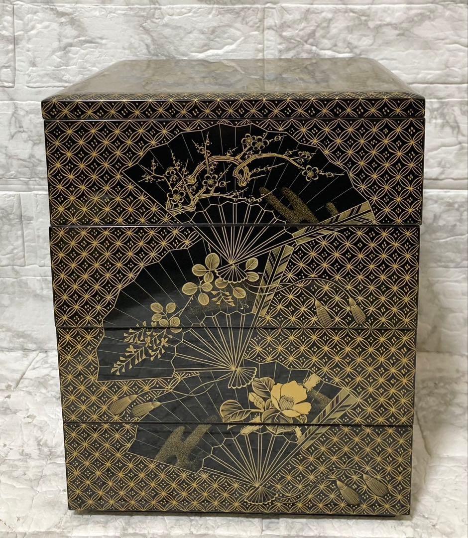 【未使用】輪島屋造 沈金師 水尻清甫 刻「輪島塗 四段重 台付」 共箱