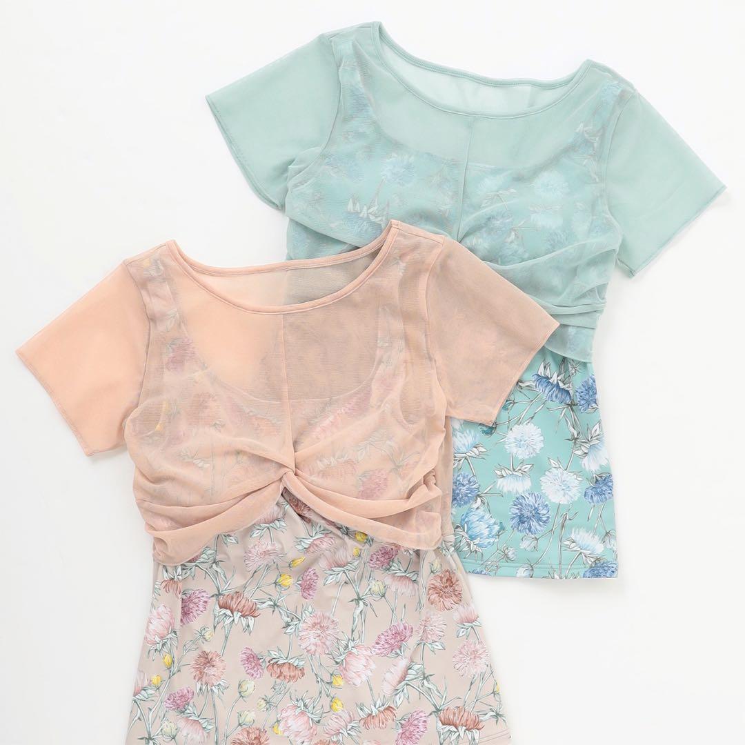 ベージュ アザミプリント　セットアップ　ヨガウェア