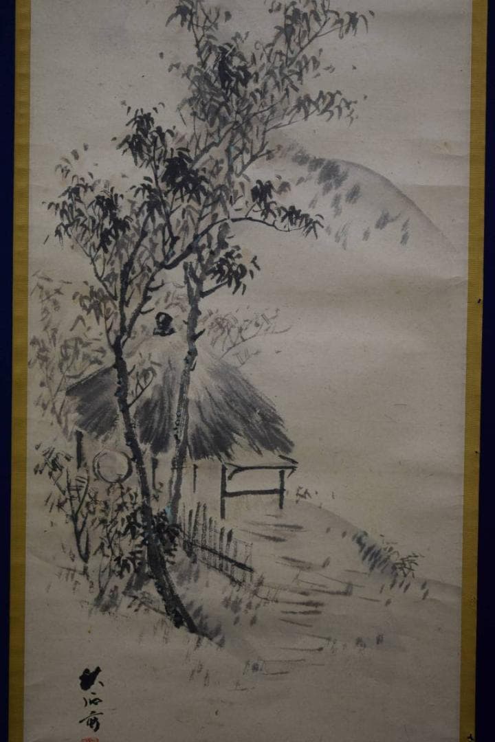 真作/奥谷秋石/秋景山家図/布袋屋掛軸HE-76