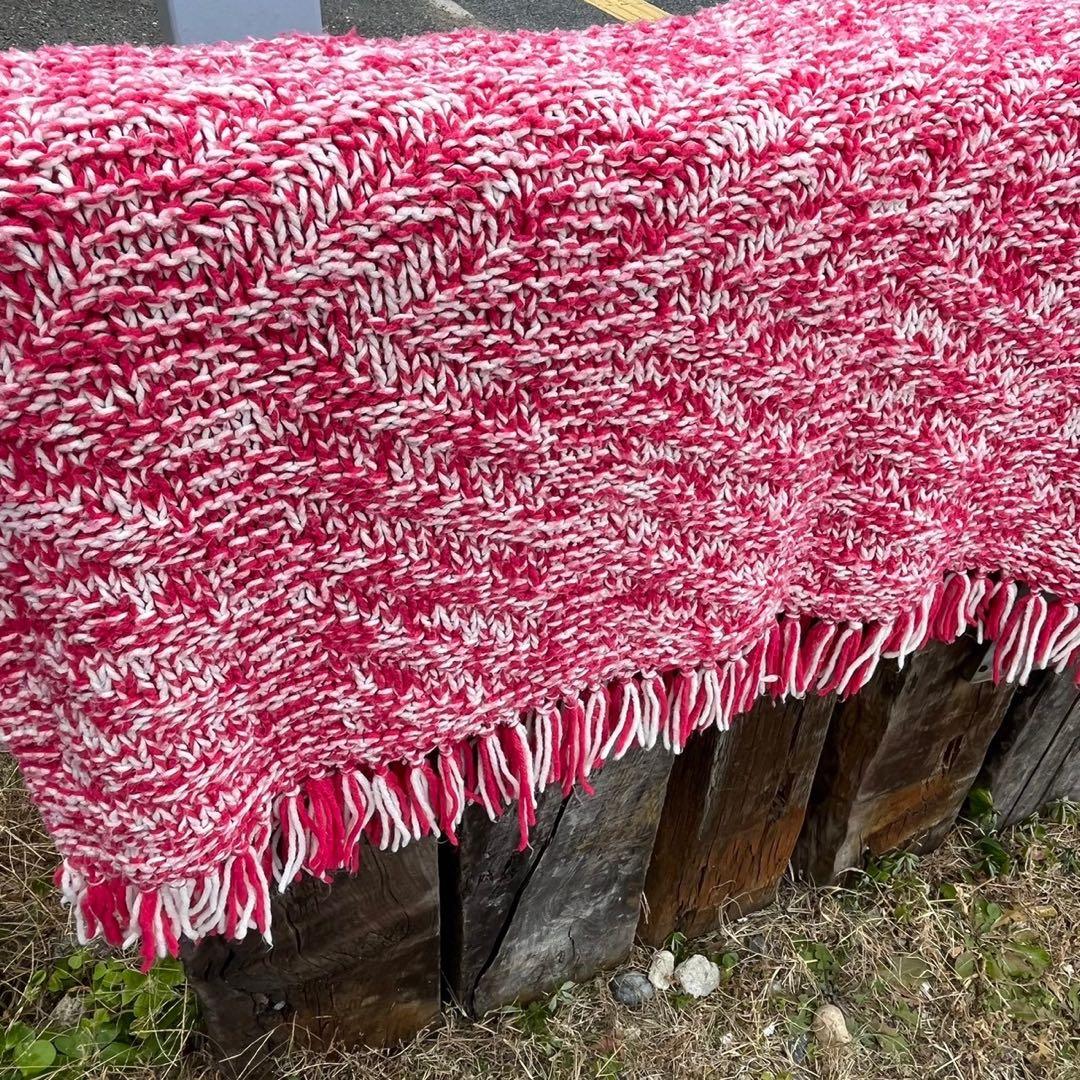 【USA vintage】グラニーブランケット　ピンク　白　フリンジ　アメリカ