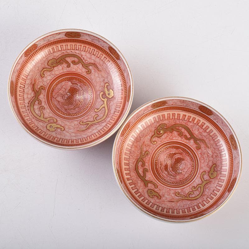 九谷焼　古九谷　赤絵金彩　鳳凰文　盃　一對　時代箱付　D　R8979