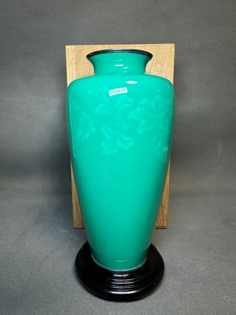 安藤七宝焼花瓶　純銀刻印 翡翠釉 木製台　共箱　アンティーク　コレクション