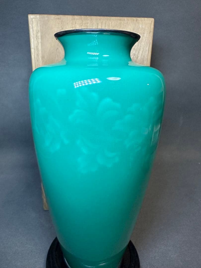安藤七宝焼花瓶　純銀刻印 翡翠釉 木製台　共箱　アンティーク　コレクション