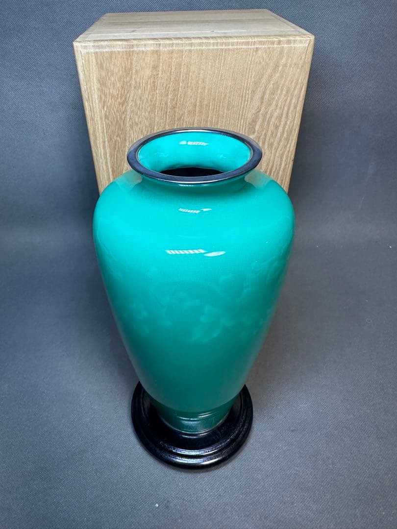 安藤七宝焼花瓶　純銀刻印 翡翠釉 木製台　共箱　アンティーク　コレクション