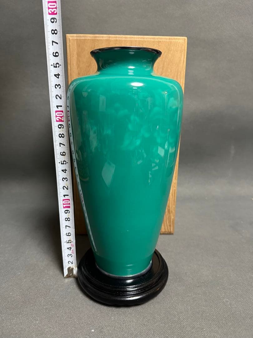 安藤七宝焼花瓶　純銀刻印 翡翠釉 木製台　共箱　アンティーク　コレクション