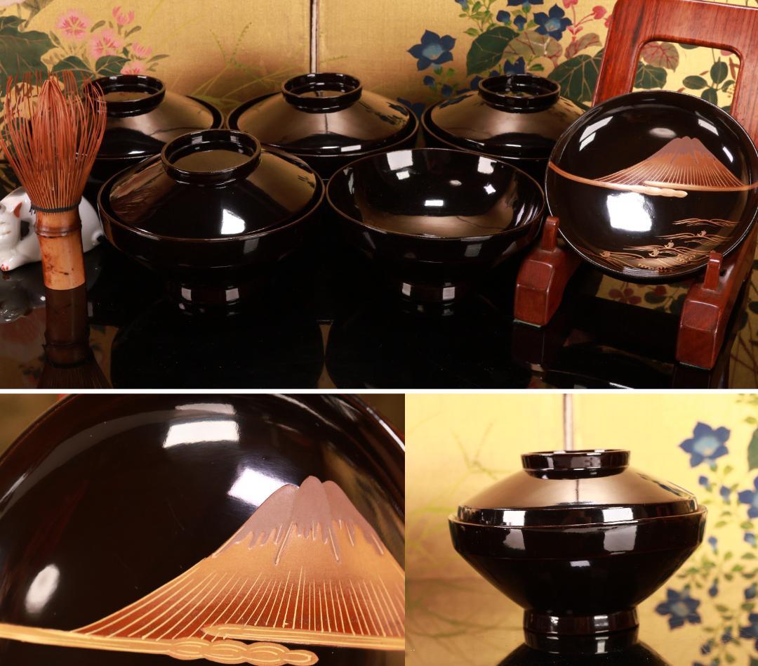 コーヒーじいさん専用　BJ021 時代輪島塗　波に雲上富士図金蒔絵　吸物椀　五客