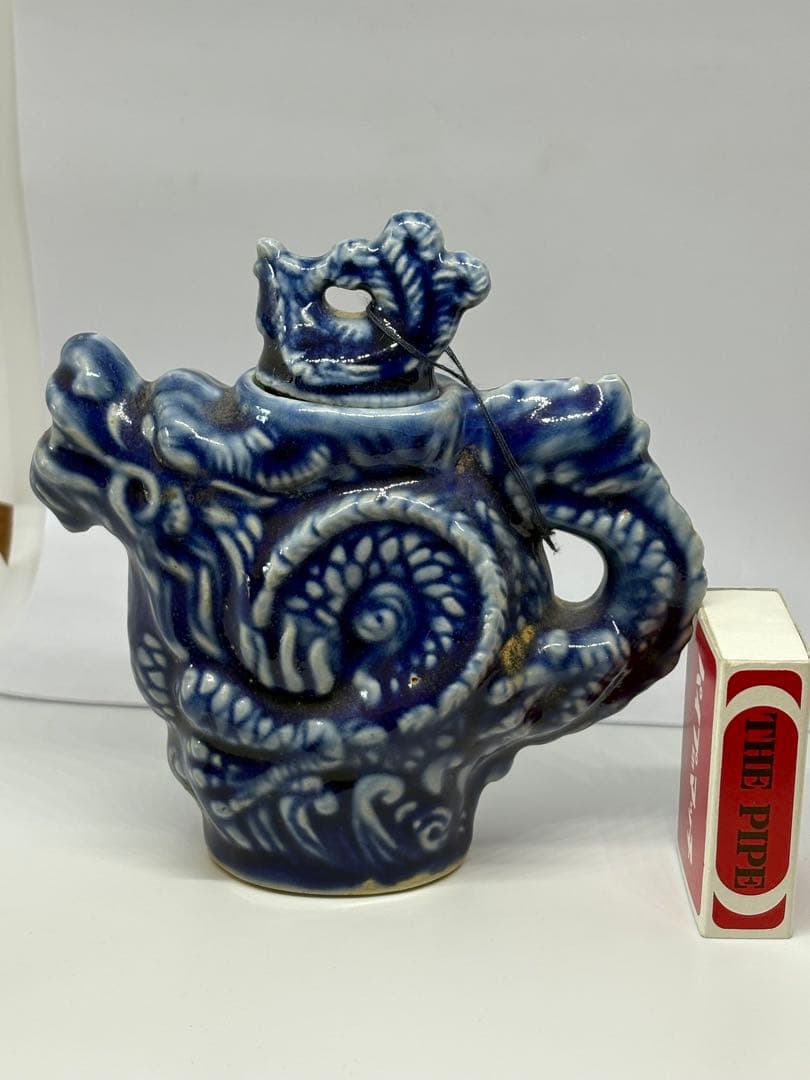 青色 陶器 ドラゴンデザイン ポット