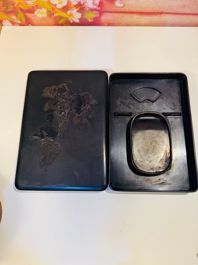 希少　年代物　唐獅子「扶翼皇運」書道硯　硯箱