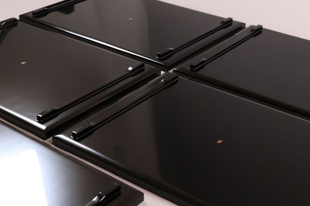 MA202 輪島塗 慶塚 扇面五節句蒔絵 卓上膳 五客 黒塗 足付長方膳 木製