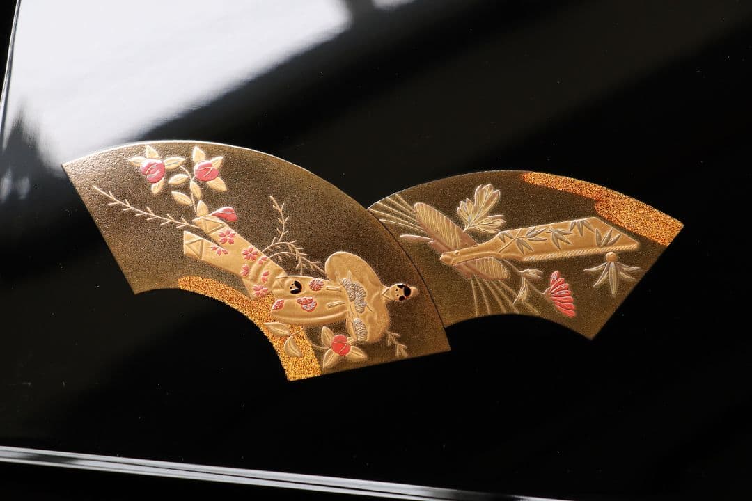 MA202 輪島塗 慶塚 扇面五節句蒔絵 卓上膳 五客 黒塗 足付長方膳 木製