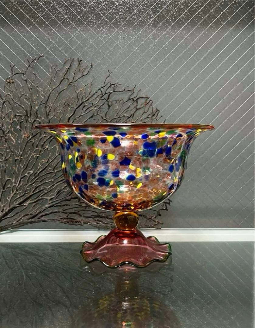 骨董　時代ガラス　希少　金赤吹雪紋　フリル 脚付　大型　コンポート　盃洗