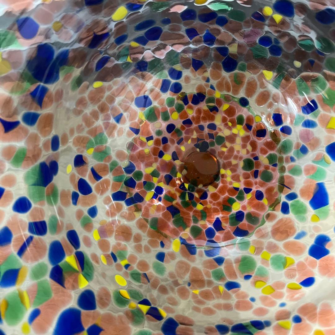 骨董　時代ガラス　希少　金赤吹雪紋　フリル 脚付　大型　コンポート　盃洗