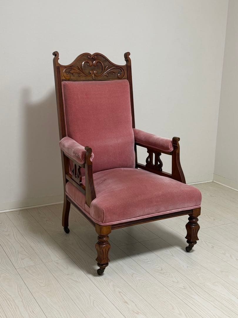 アンティーク調 1人掛けチェア／アームチェア（ピンクベロア×木製フレーム）