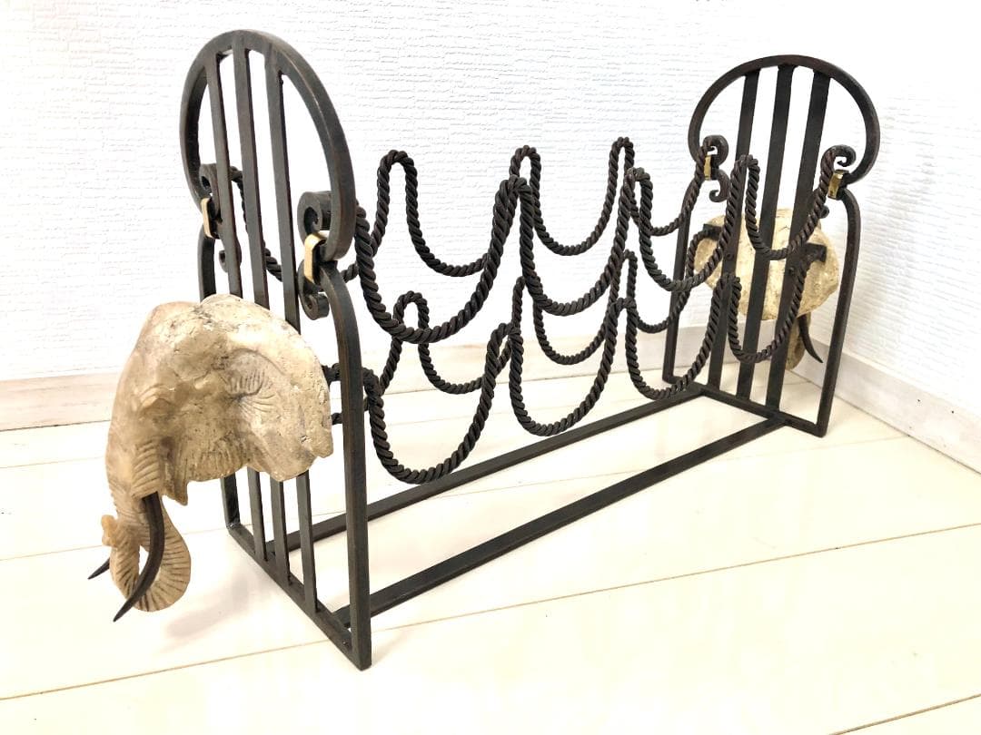 【レア・アンティーク】アイアンラック 石像彫刻 ワインラック 8本収納可 象顔