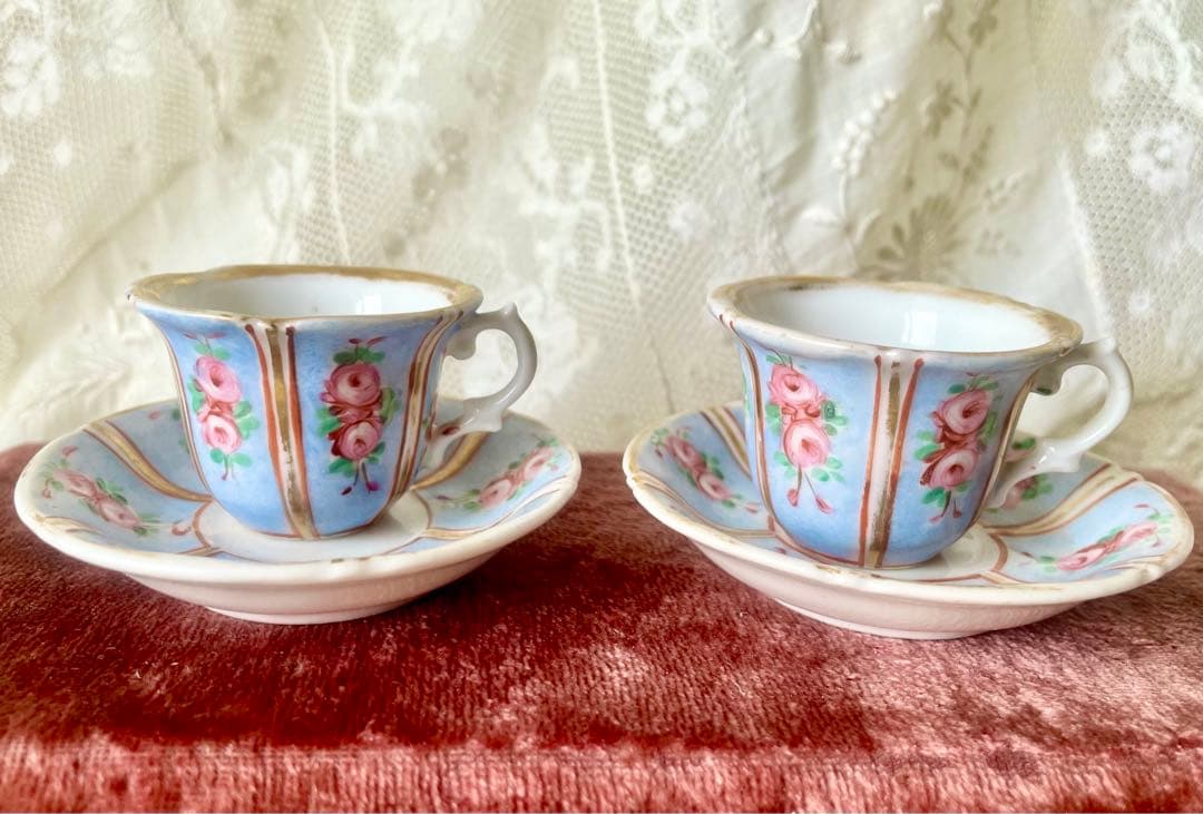 ローズ柄陶器ディネットセット　ティーセット　フランスアンティーク　ままごとドール