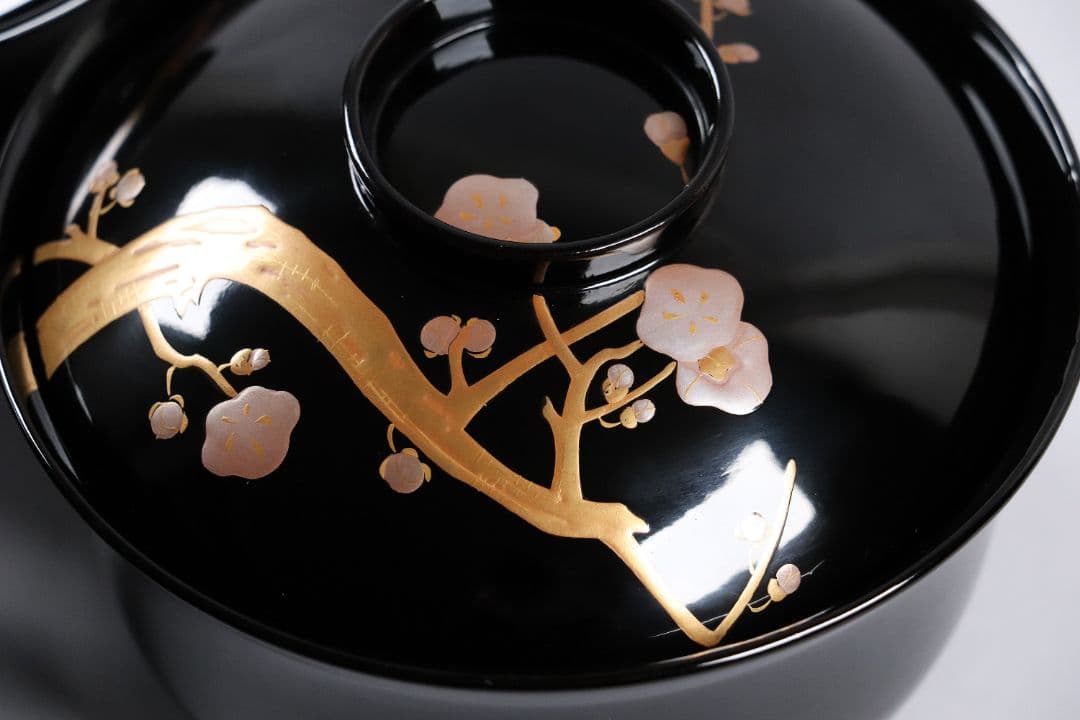 木製漆器 梅蒔絵 黒塗 椀 五客 漆芸 茶懐石 会席道具【MA287】