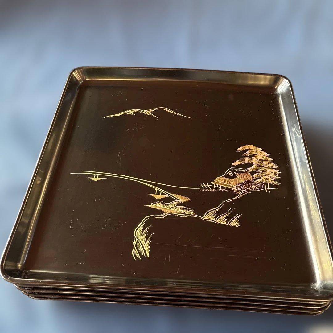 輪島塗　漆器 膳 5枚セット 黒と金の風景　蒔絵　沈金