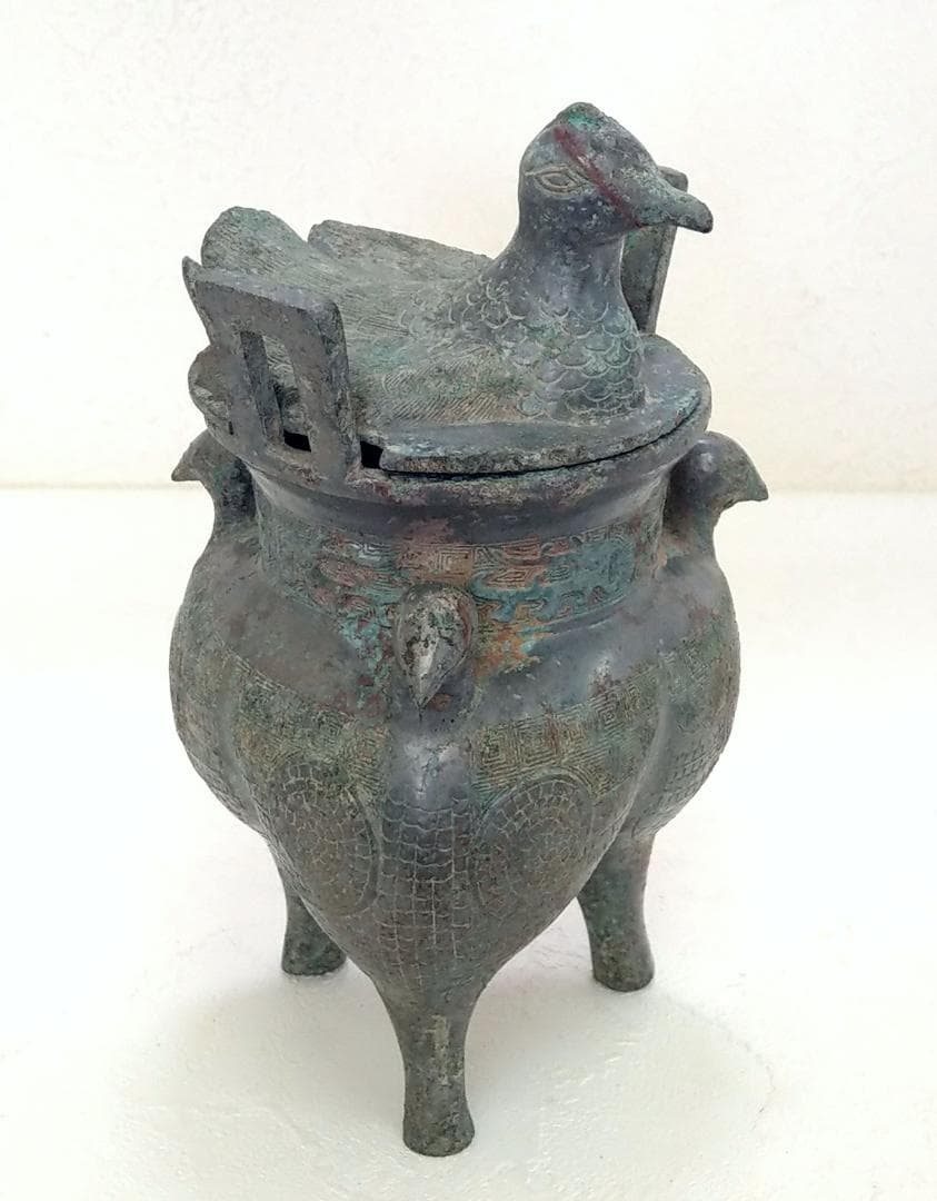中国 西周青銅器 彫刻 三足 蓋付き 鳥装飾 酒器 高さ21.5cm