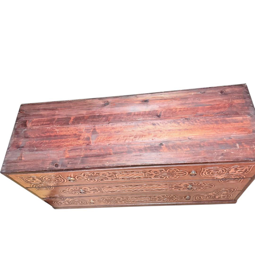 民芸 木彫 木製 3段チェスト タンス 無垢 レトロ 家具 ディスプレイ y2k