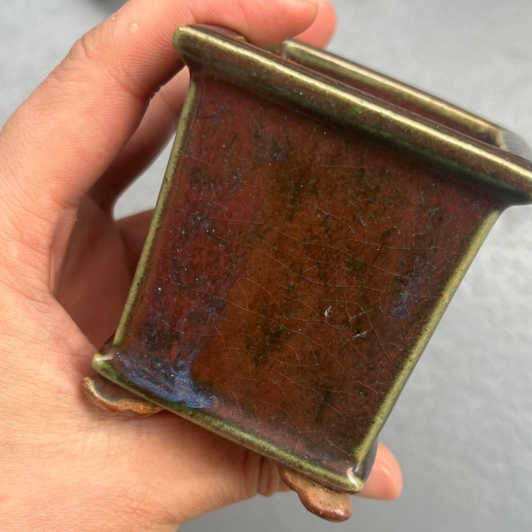 691.平安虹泉 辰砂釉雲足正方 盆栽鉢 植木鉢 6.5*6.5*7.6cm