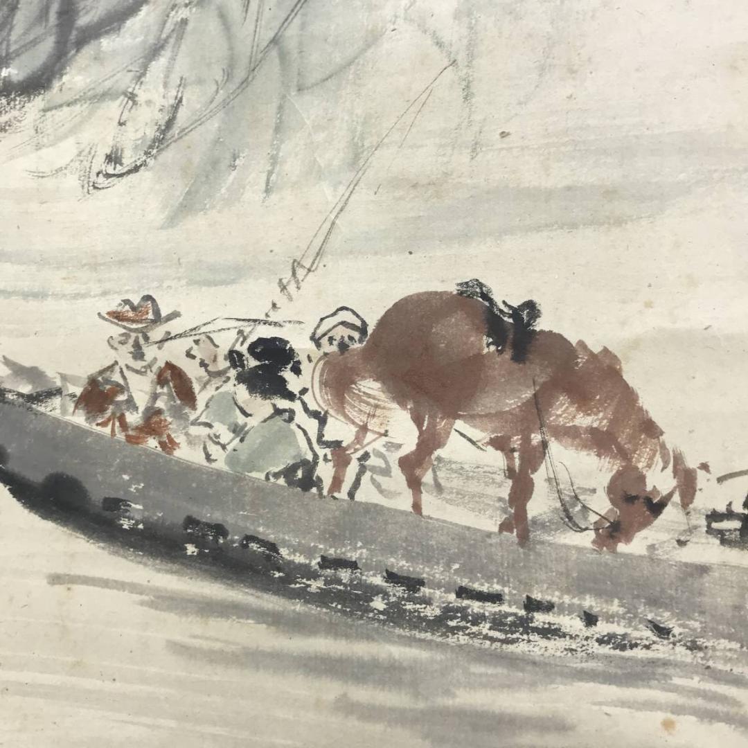 【真作】富田渓山/船に人物図/入舟図/掛軸/名家伝来/AD-921