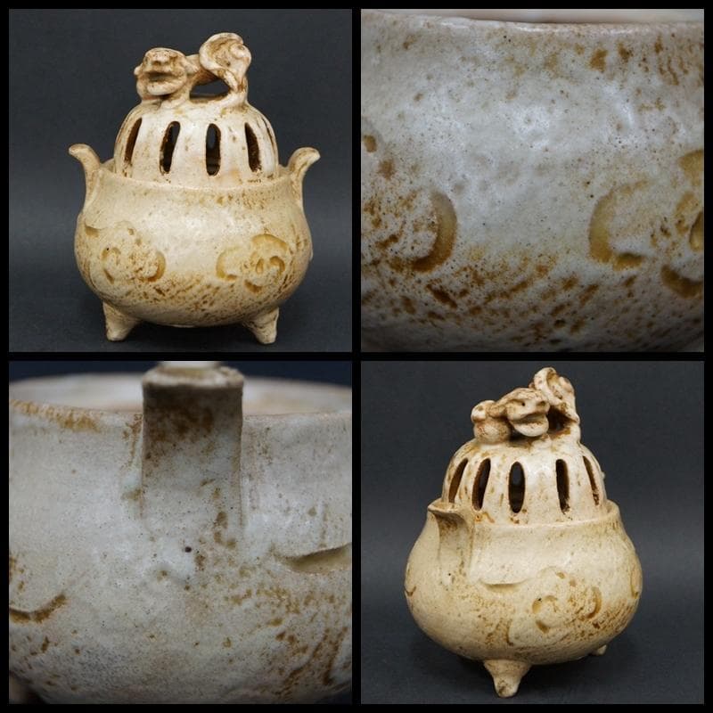 出雲焼 雲楽作 香炉 獅子摘 透かし蓋 双耳 三足香炉 箱付