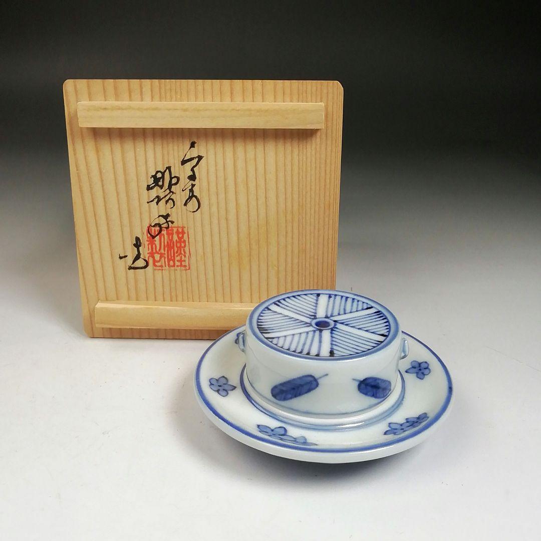 Ｔ９５８　香合　『染付　引臼』『高野昭阿弥 造』　共箱　茶道具