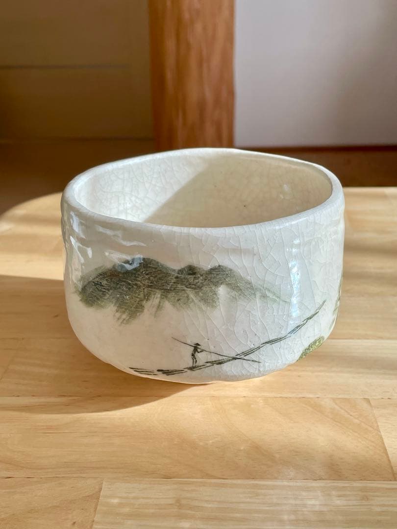茶道具　抹茶碗　吉村楽入造 白楽　 山水紋　茶碗