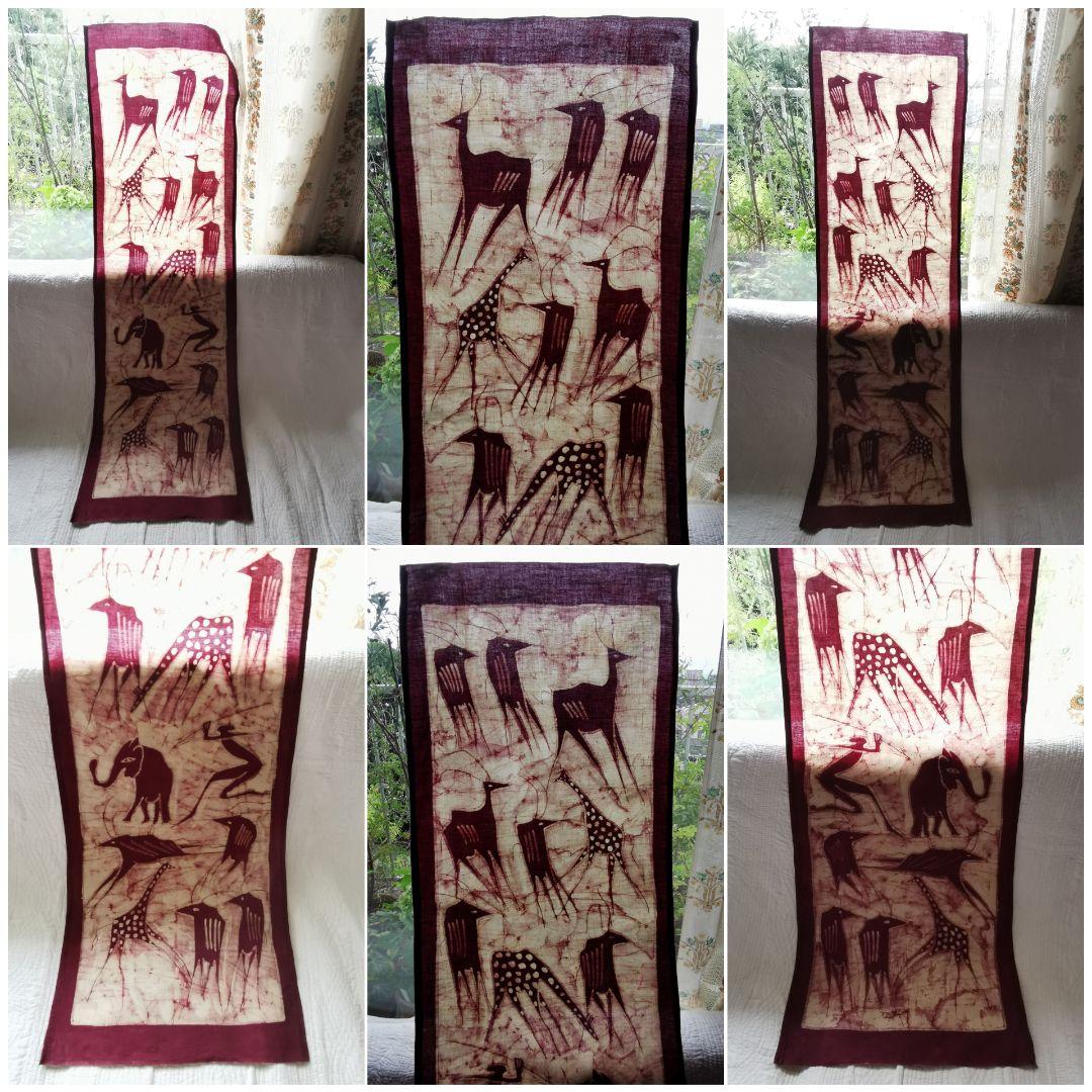 フランスアンティーク店購入バティック 洞窟装飾壁画 古代動物 蝋纈染タペストリー