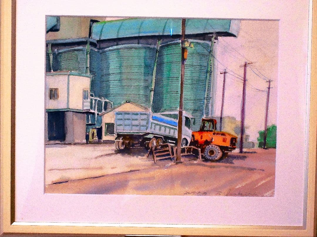 工場地帯水彩画 額装済み F6サイズ