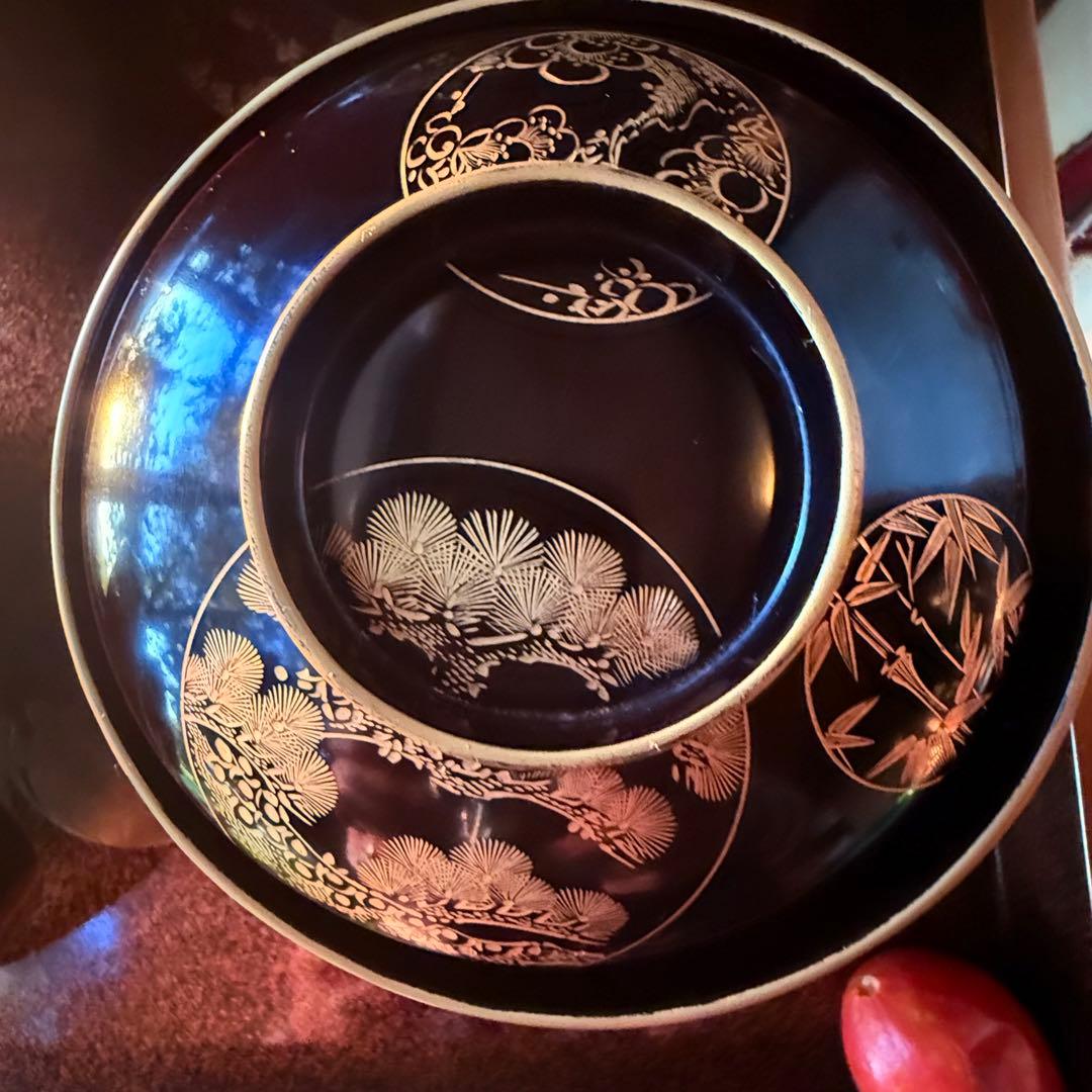2115様感謝‼️ スーパームーン記念JAPAN輪島丸紋沈金松竹梅&鶴亀　黒椀4客