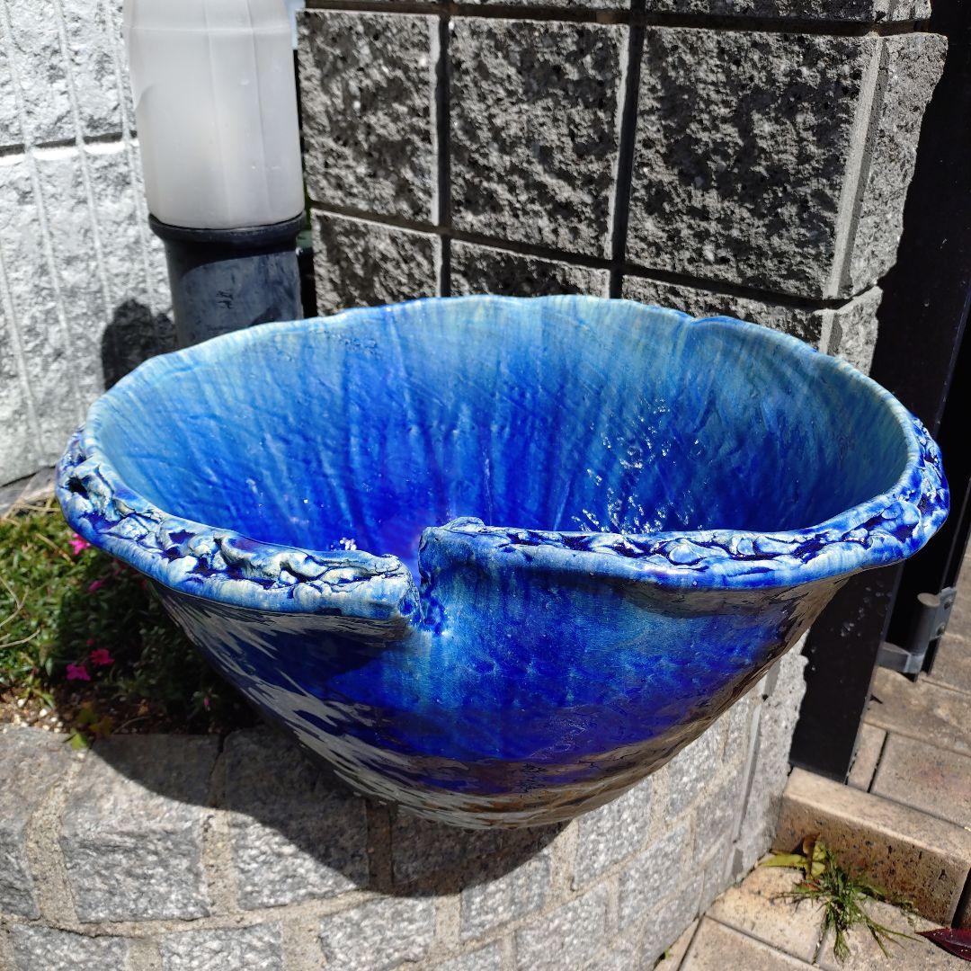 信楽焼手作り　ブルーガラスめだか鉢金魚鉢　直径53㌢