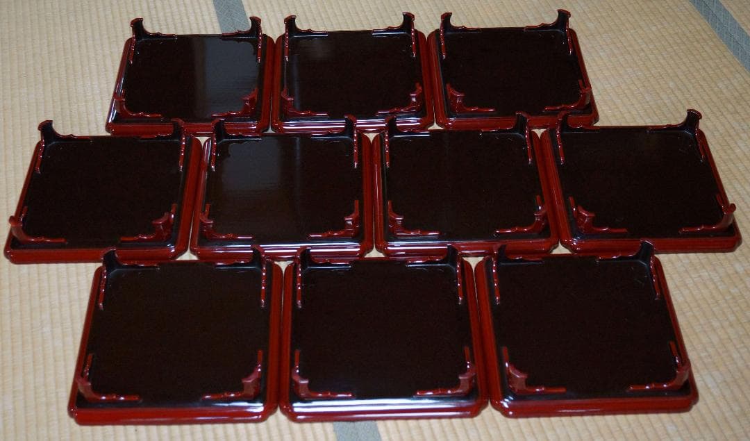 明治期 輪島塗 溜塗金銀蒔絵『波千鳥文』足付膳盆(十客) 木製角会席膳　茶道具