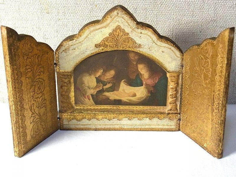 イタリア ヴィンテージ『観幼子イエスと聖母マリア』カルロ・ドルチ３枚続きの祭壇画