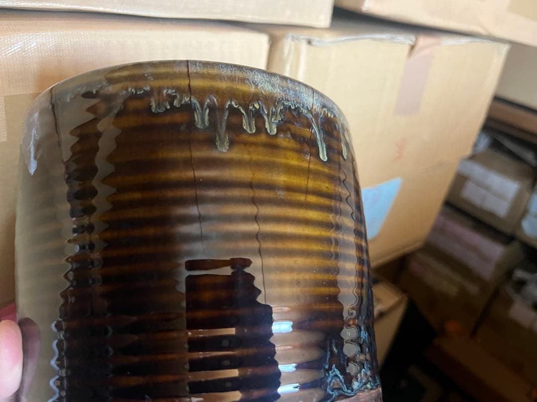 水指■高取焼 八仙窯 漆器蓋 涙紺 遠州七窯 塗蓋 直し有 飴釉 時代物 骨董■