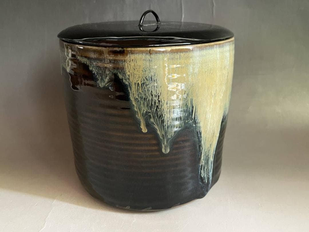 水指■高取焼 八仙窯 漆器蓋 涙紺 遠州七窯 塗蓋 直し有 飴釉 時代物 骨董■