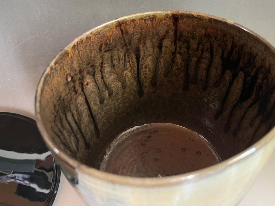 水指■高取焼 八仙窯 漆器蓋 涙紺 遠州七窯 塗蓋 直し有 飴釉 時代物 骨董■