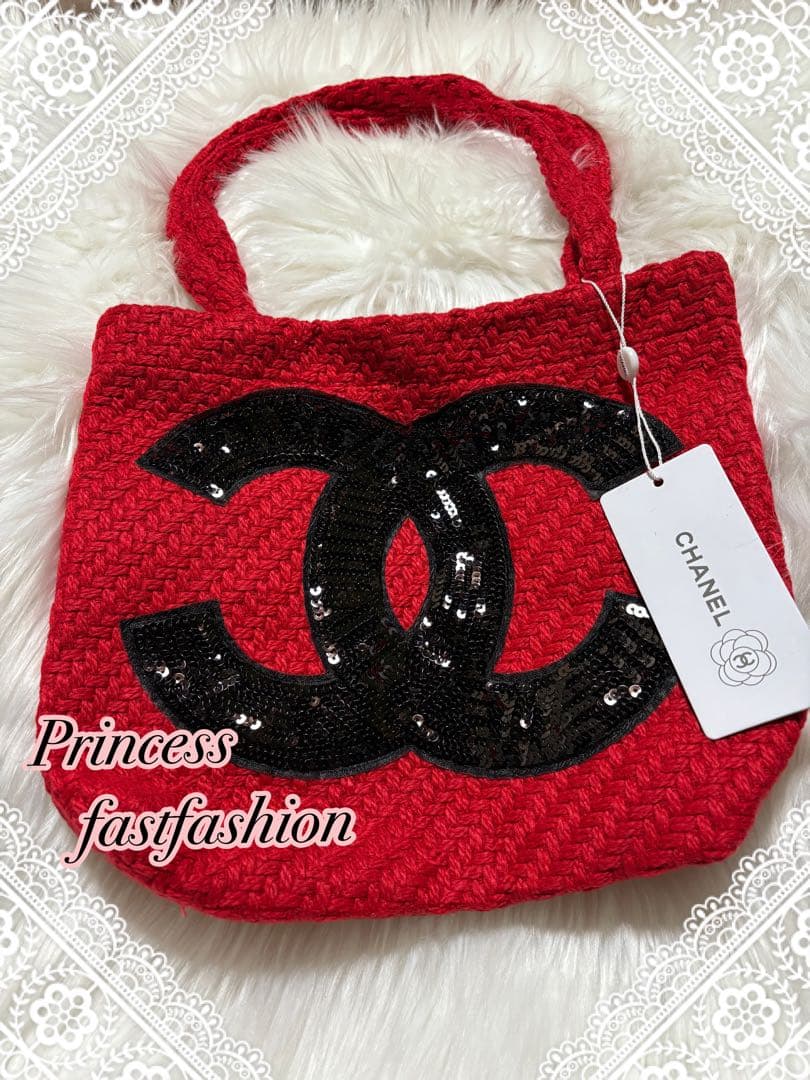 シャネル CHANEL ニット編み レッド＆ブラック スパンコール トートバッグ