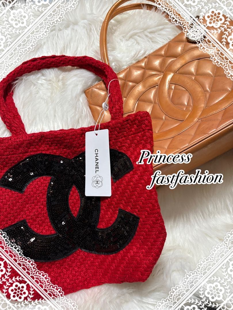 シャネル CHANEL ニット編み レッド＆ブラック スパンコール トートバッグ