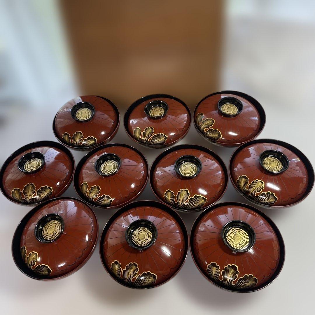 輪島塗 蓋付き吸物椀 10客　共箱　昭和レトロ　アンティーク　金彩（管理2）