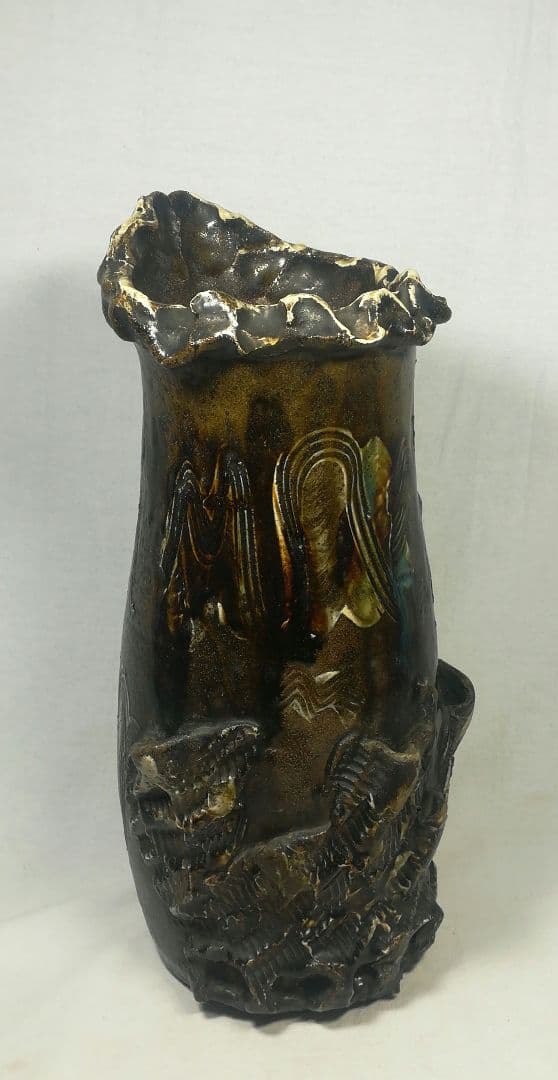 陶印あり　古上野焼　貼花　花入　花器