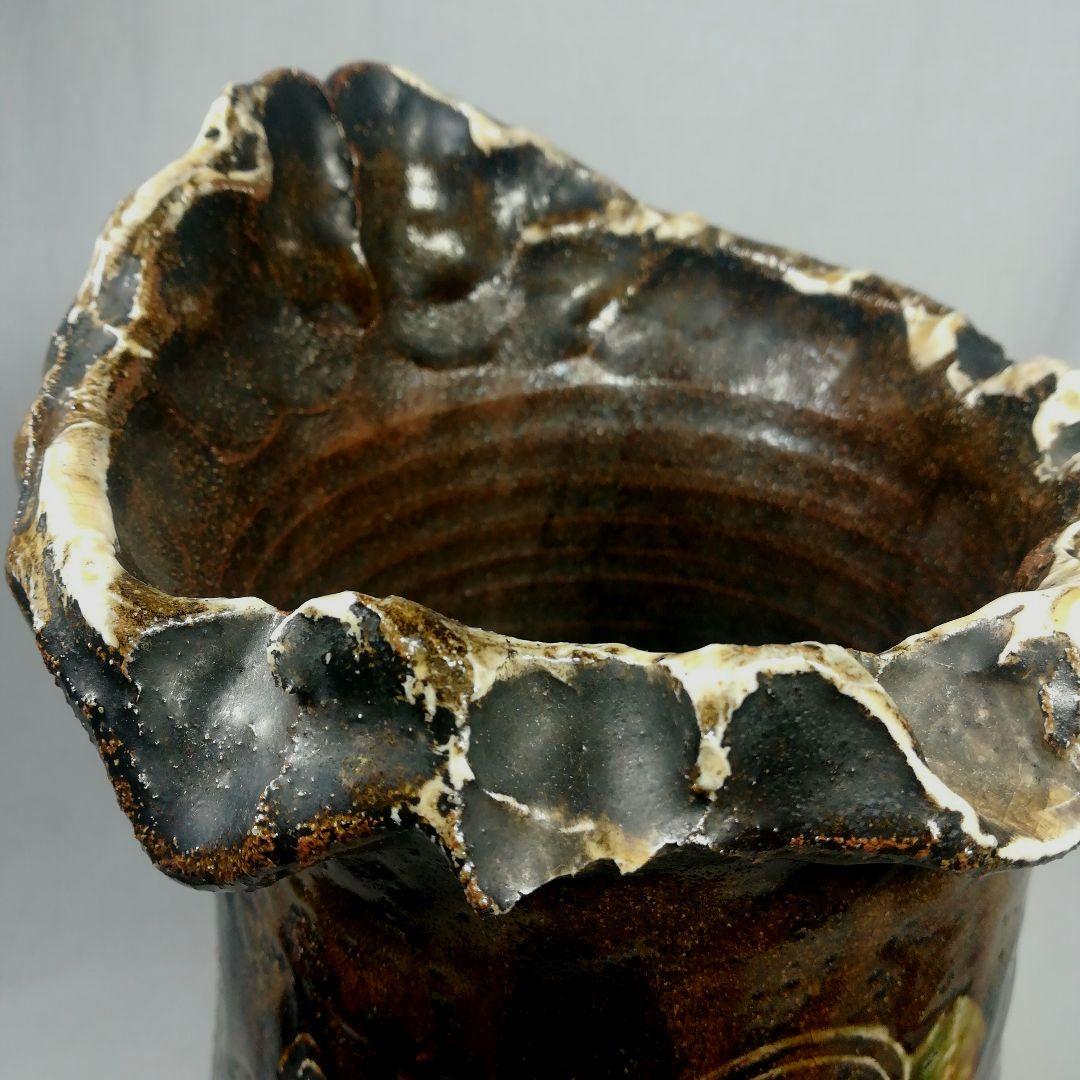 陶印あり　古上野焼　貼花　花入　花器