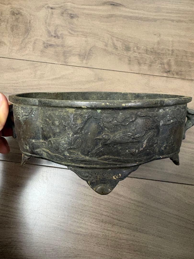 銅器　小振り　水盤　砂鉢　華道　花器　煎茶道具　茶室　花鳥図 古銅製 時代物